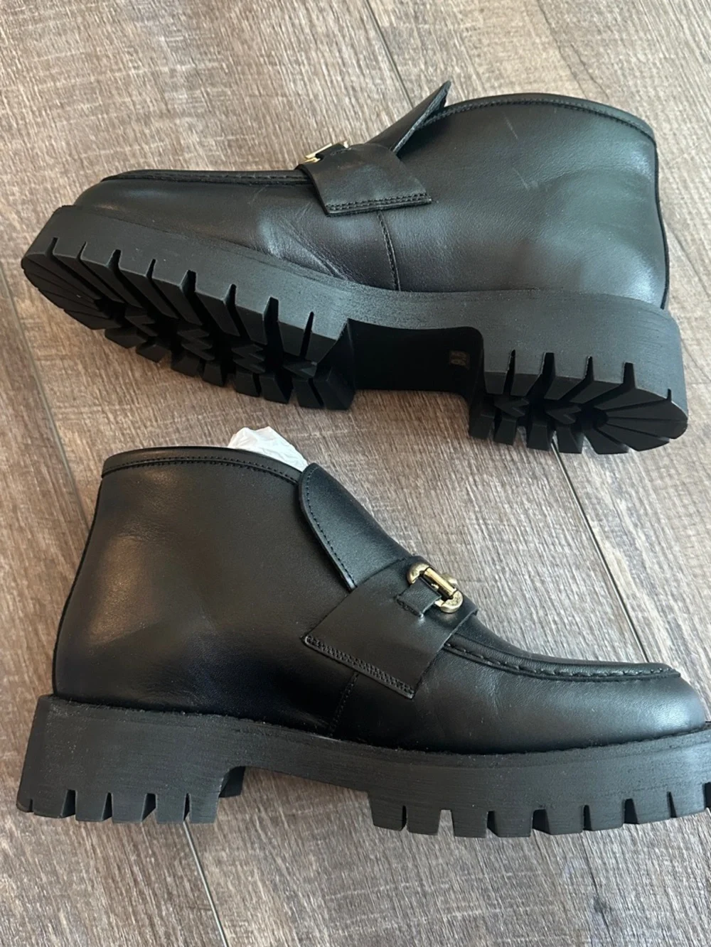 Steve Madden Black Leather Ankle Loafers with Gold Hardware
